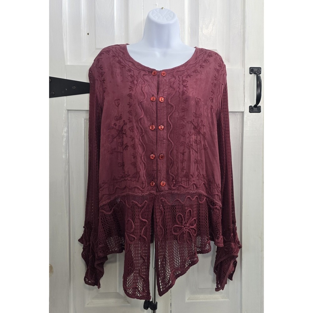 BFA Classics Blouse Womens MP Burgundy Boho Embroidered Crochet Fairy Whimsigoth - Picture 2 of 14